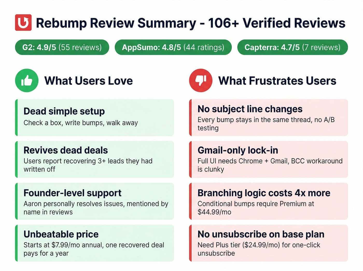 Rebump pros and cons summary from 106 reviews
