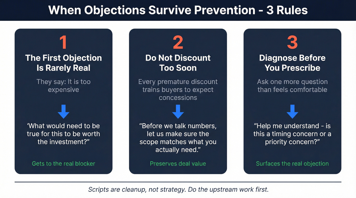 Three rules for handling remaining objections with example phrases