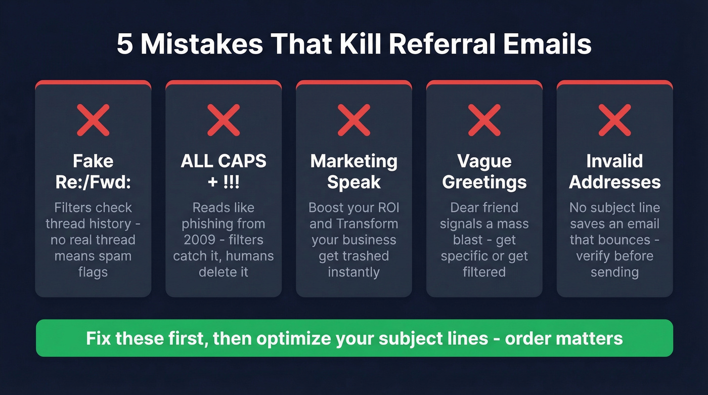 Five referral email mistakes shown as warning cards