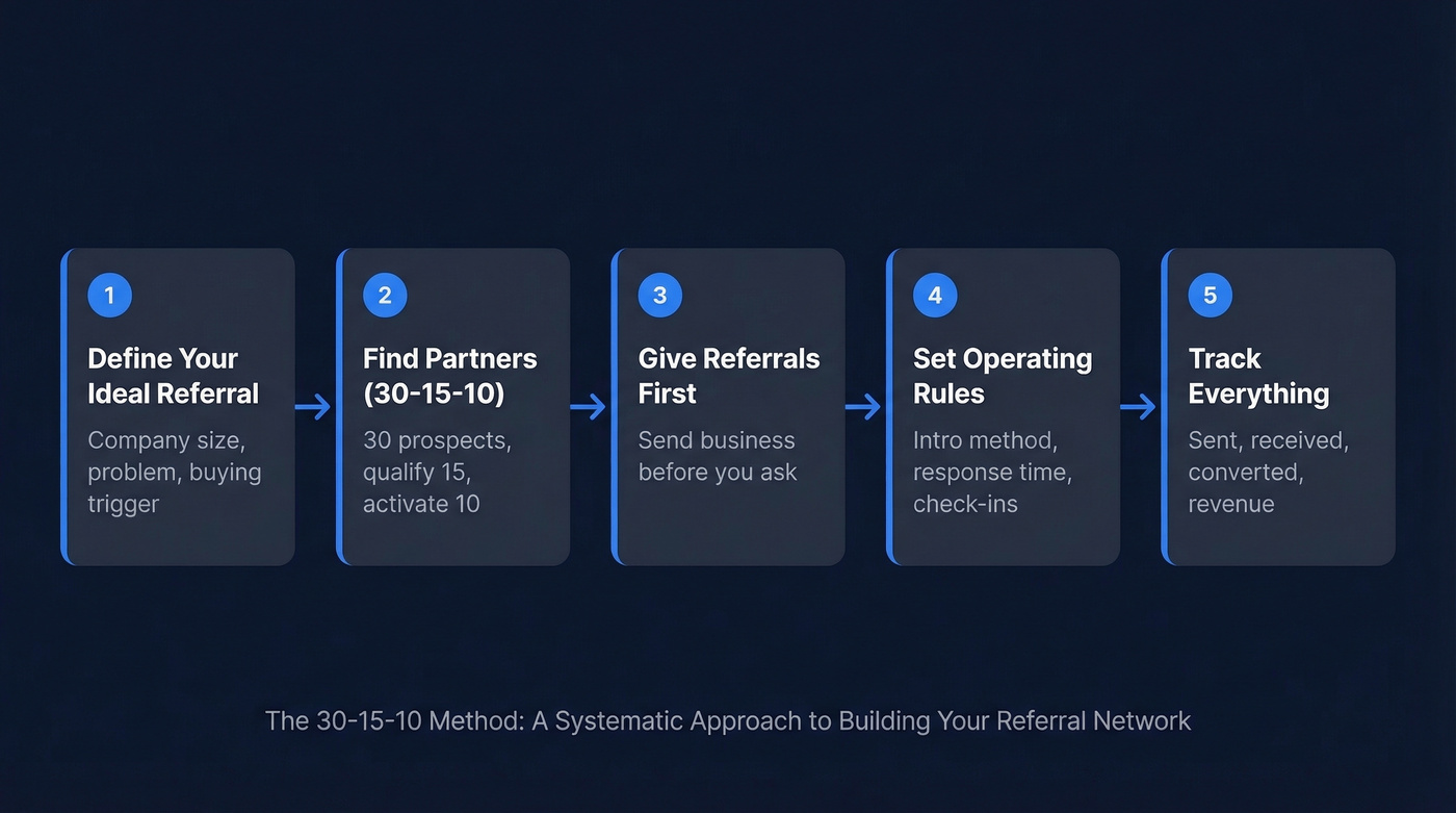 Five-step referral network building framework flow chart