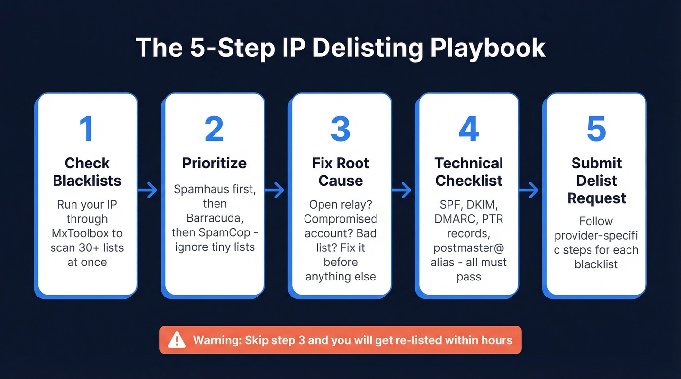 Five-step IP blacklist delisting process flow chart