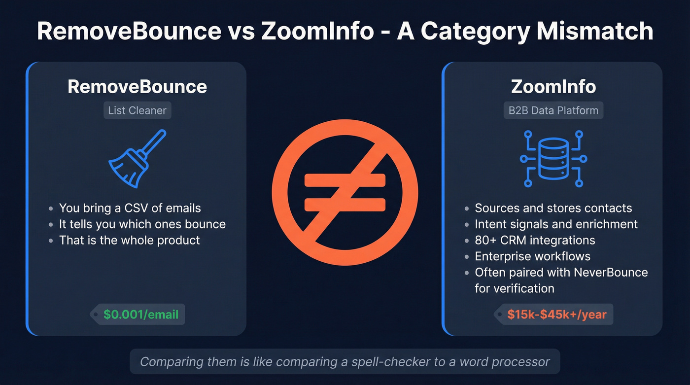 RemoveBounce vs ZoomInfo category mismatch comparison diagram