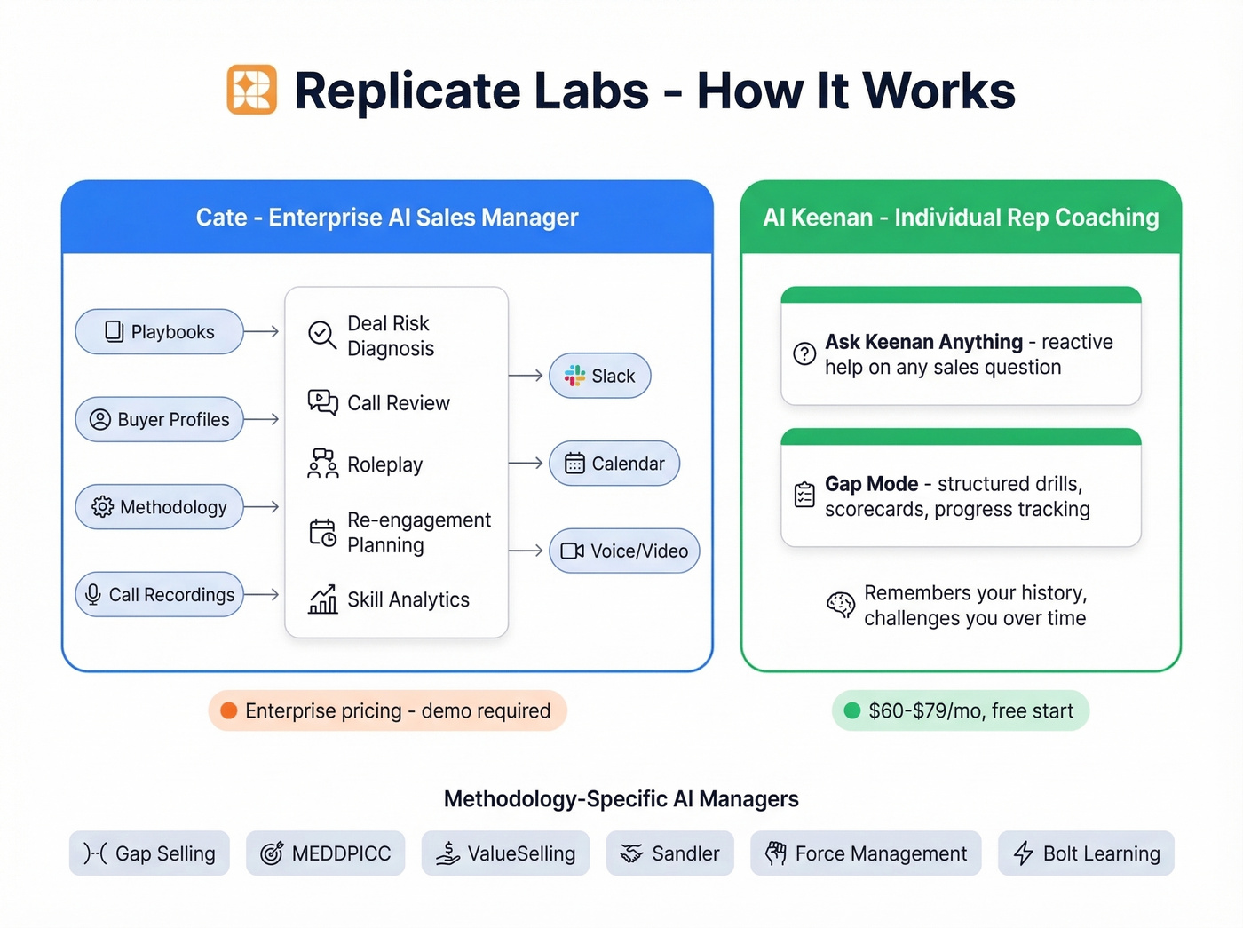 Replicate Labs product architecture showing Cate and AI Keenan