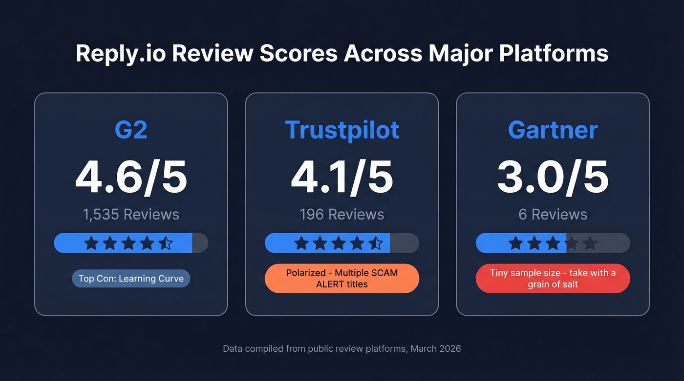 Reply.io review scores across G2, Trustpilot, and Gartner