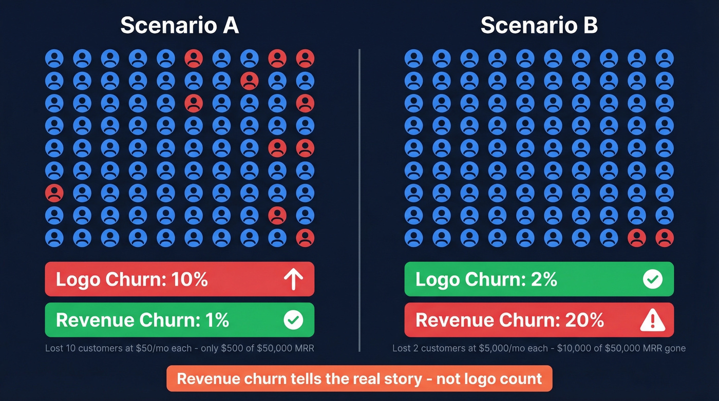 Customer churn vs revenue churn scenario comparison