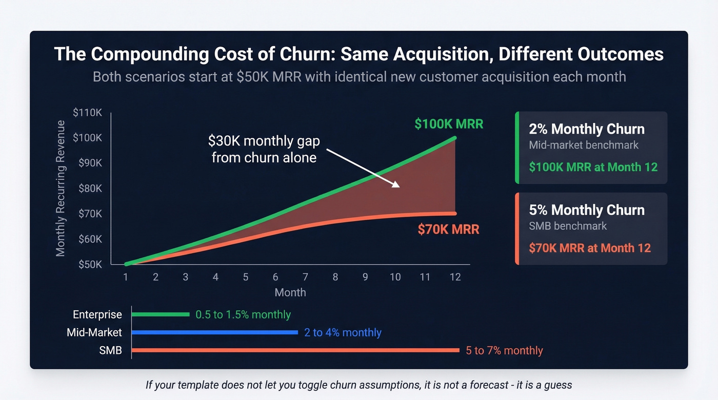 Churn rate impact on MRR showing compounding effect over 12 months
