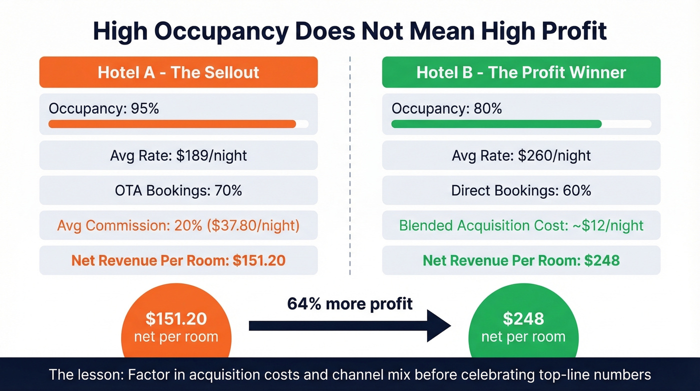 Hotel A vs Hotel B profit comparison showing occupancy vs profit