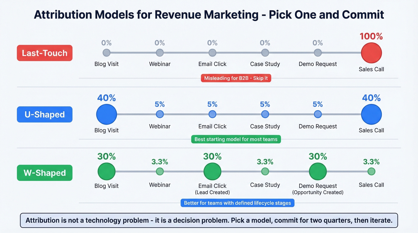 Visual comparison of last-touch, U-shaped, and W-shaped attribution models