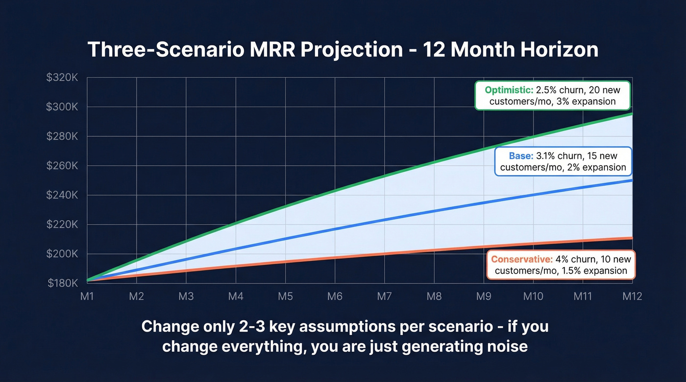 Three scenario MRR projection chart with base optimistic conservative paths