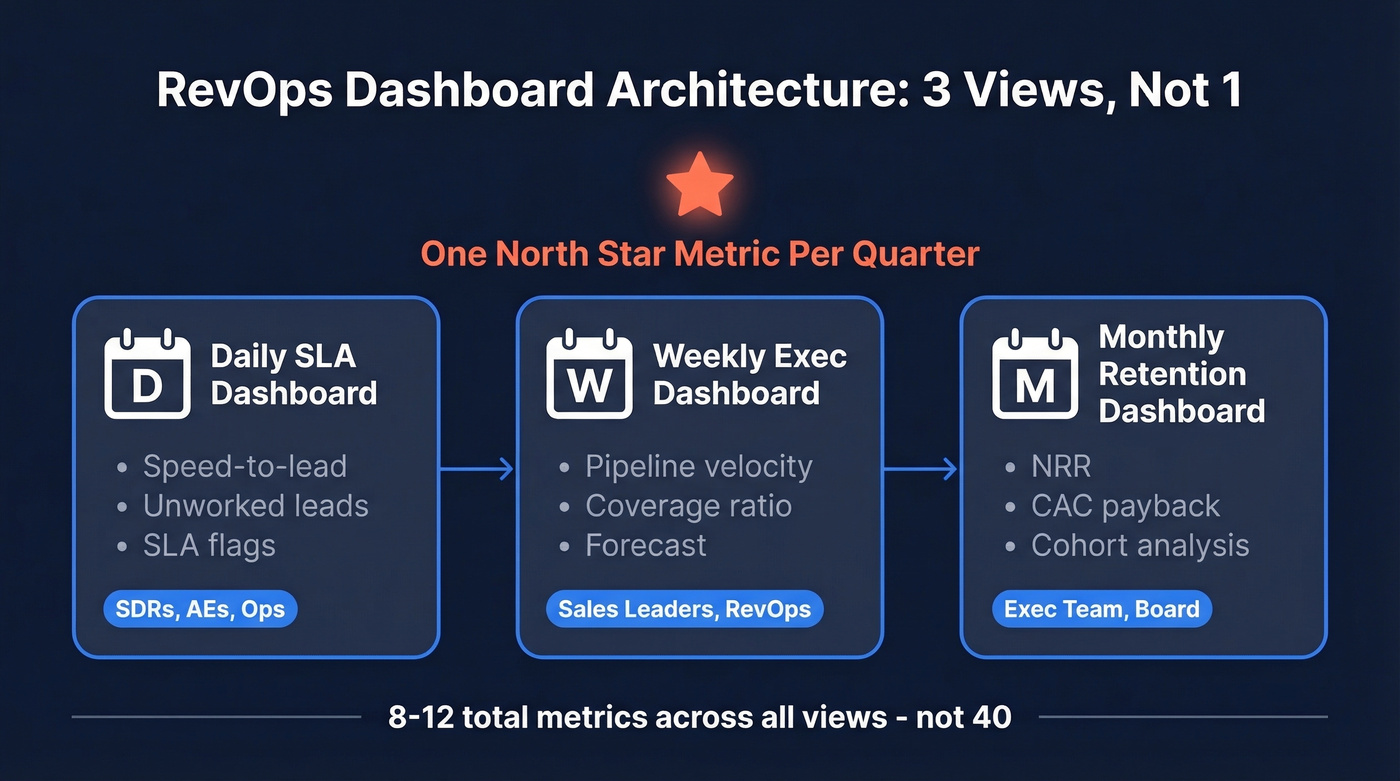 RevOps dashboard three-view cadence architecture diagram