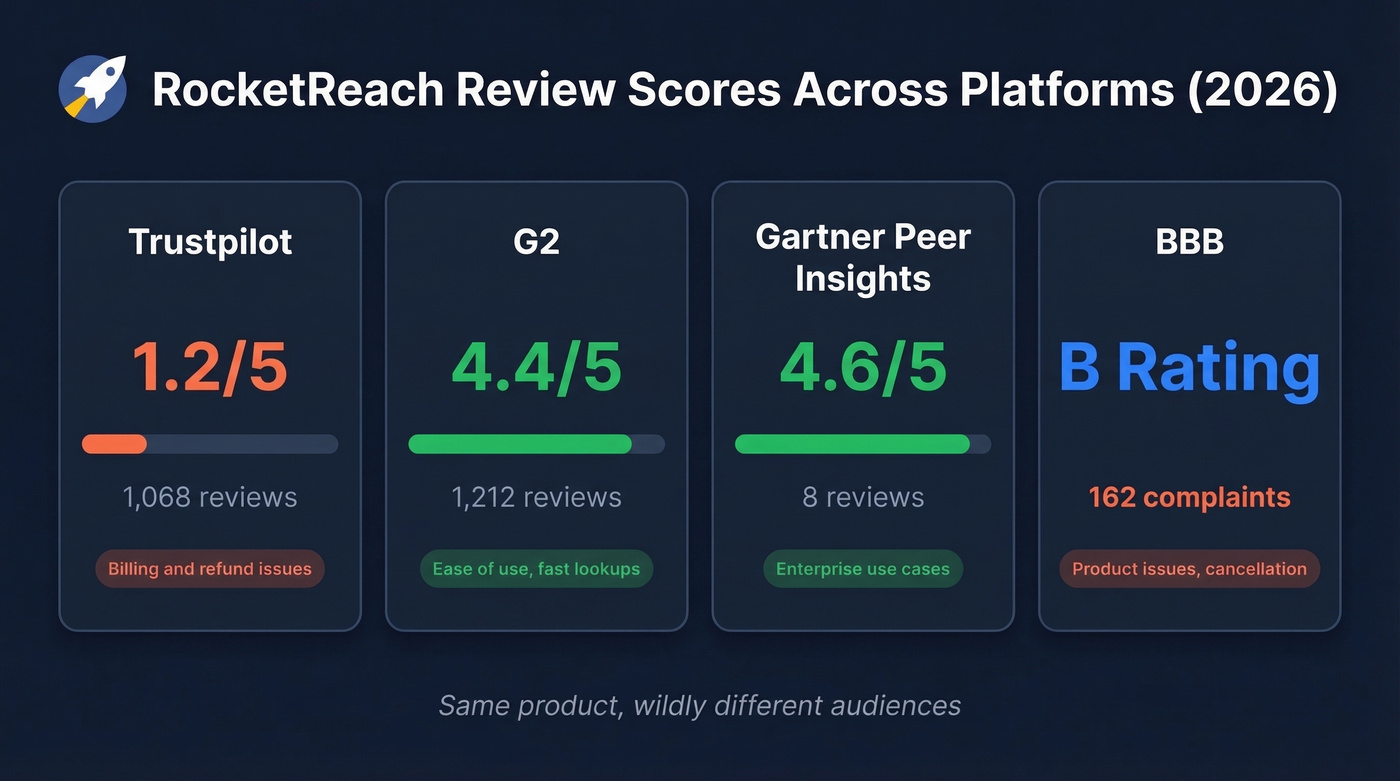 RocketReach review scores across four major platforms
