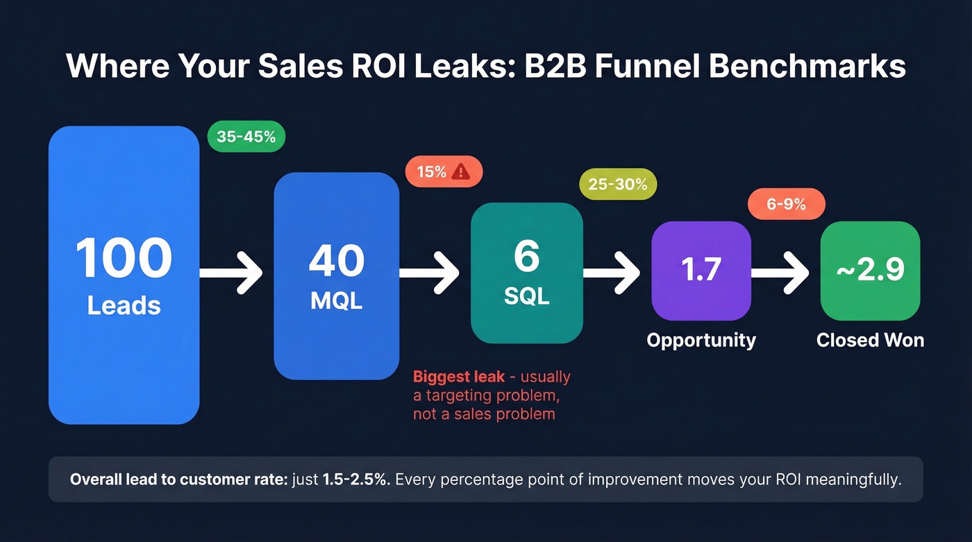 B2B sales funnel showing conversion rates and leak points