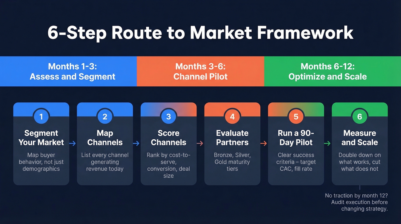 Six-step RTM strategy framework with timeline and phases