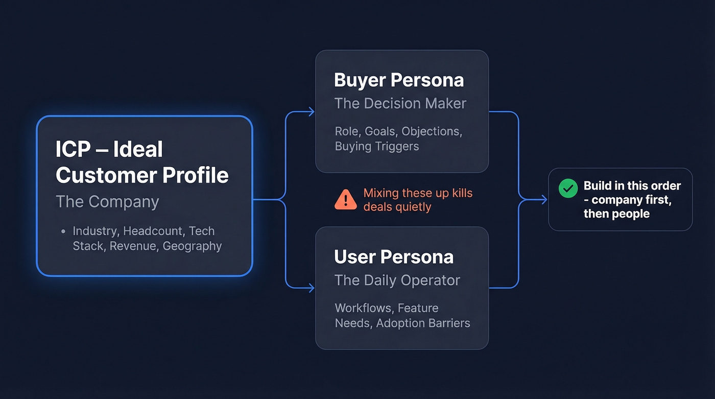 ICP vs buyer persona vs user persona hierarchy