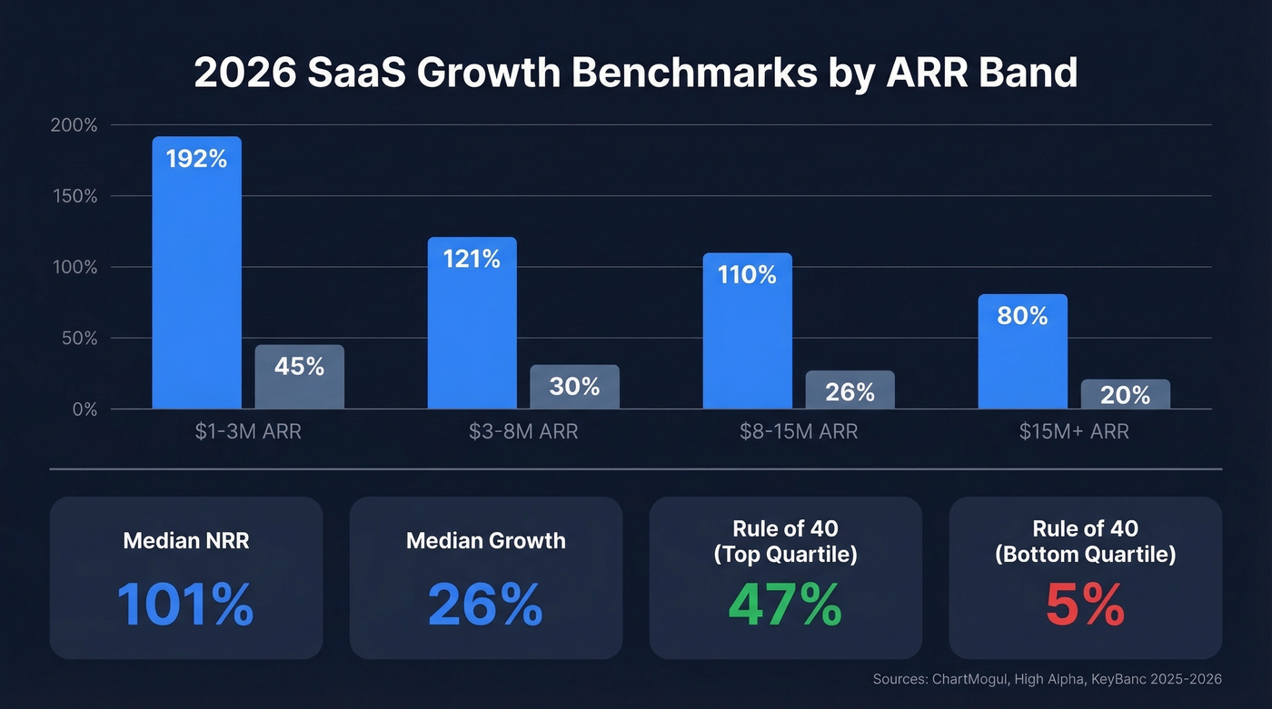 SaaS growth benchmarks by ARR band with percentiles