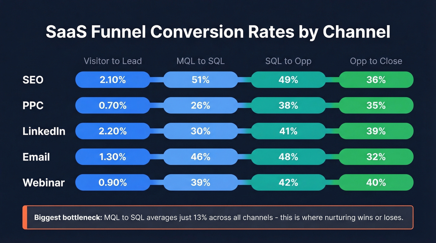 SaaS funnel conversion rates by channel visualization