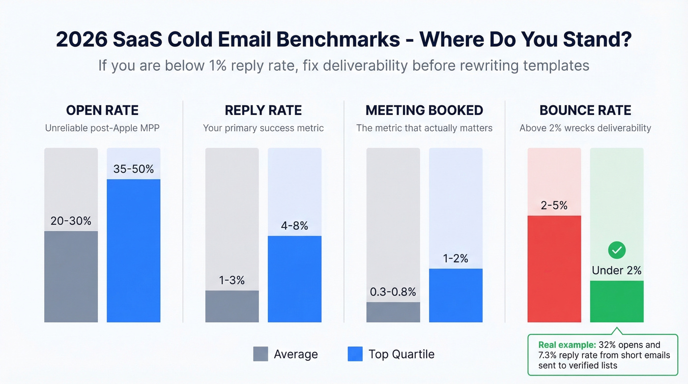 SaaS cold email benchmarks average vs top quartile