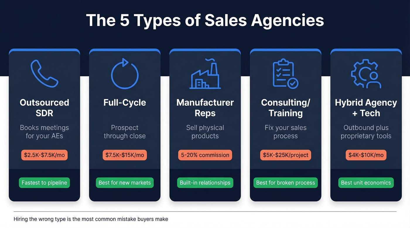 Five types of sales agencies compared visually