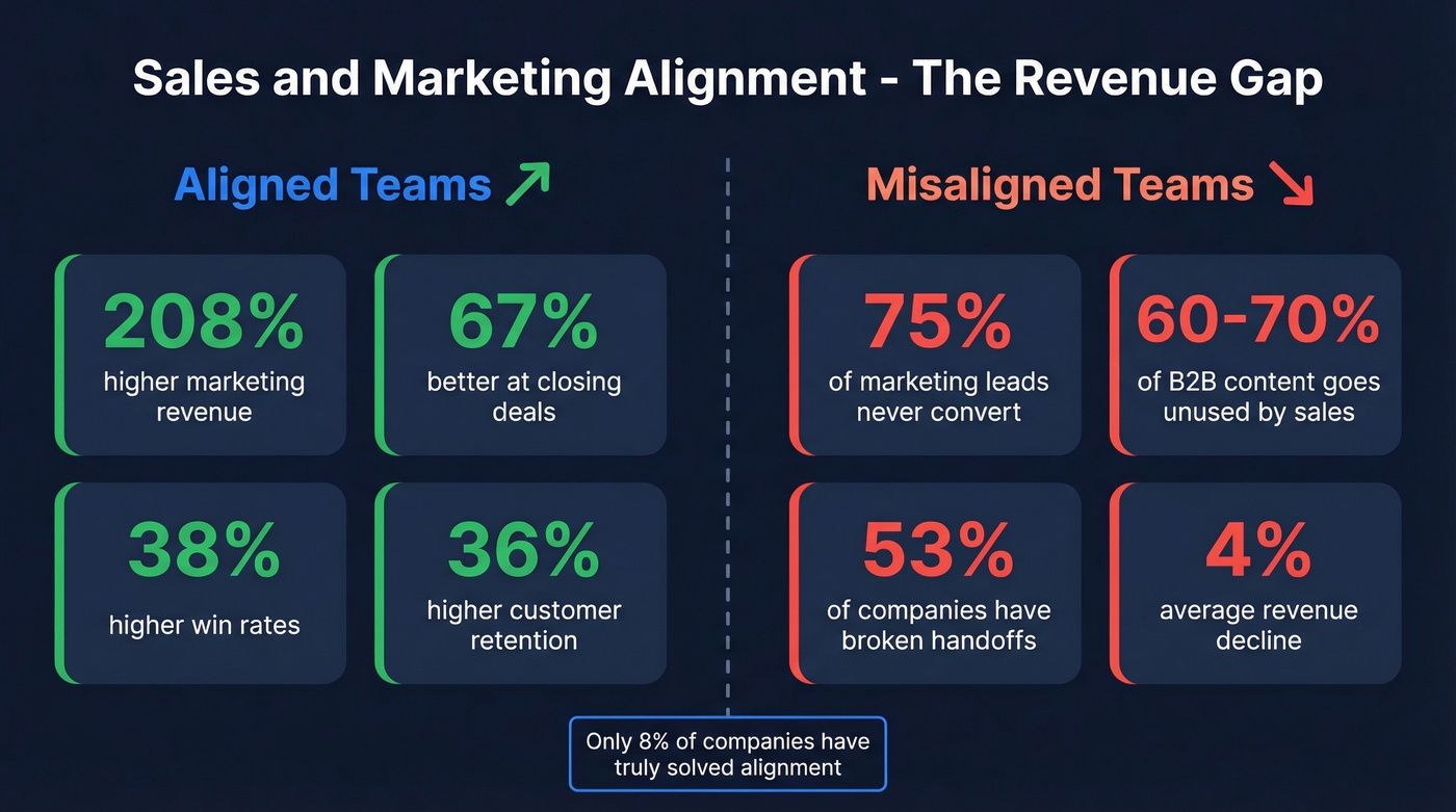 Sales and marketing alignment statistics infographic with key revenue metrics