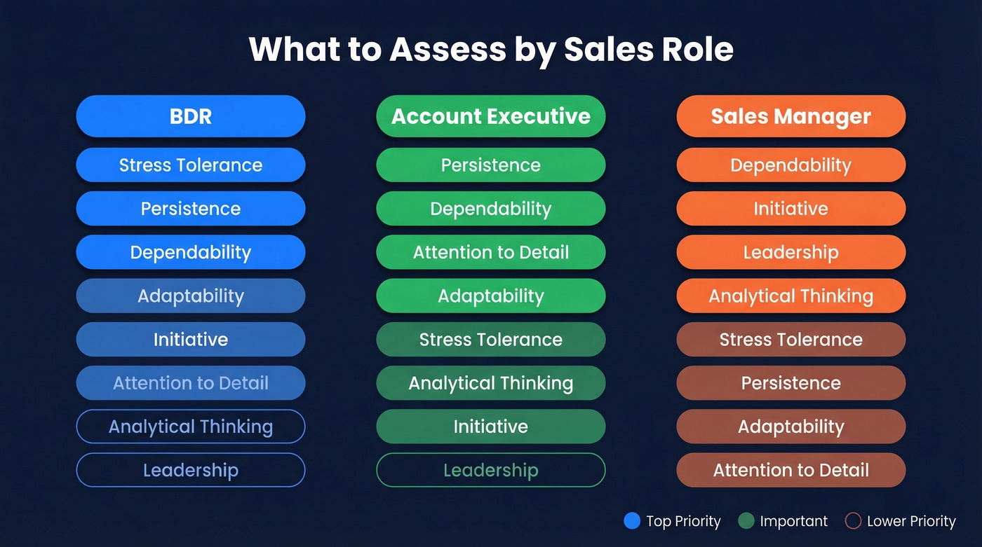 Visual competency priority map for BDR, AE, and Sales Manager roles