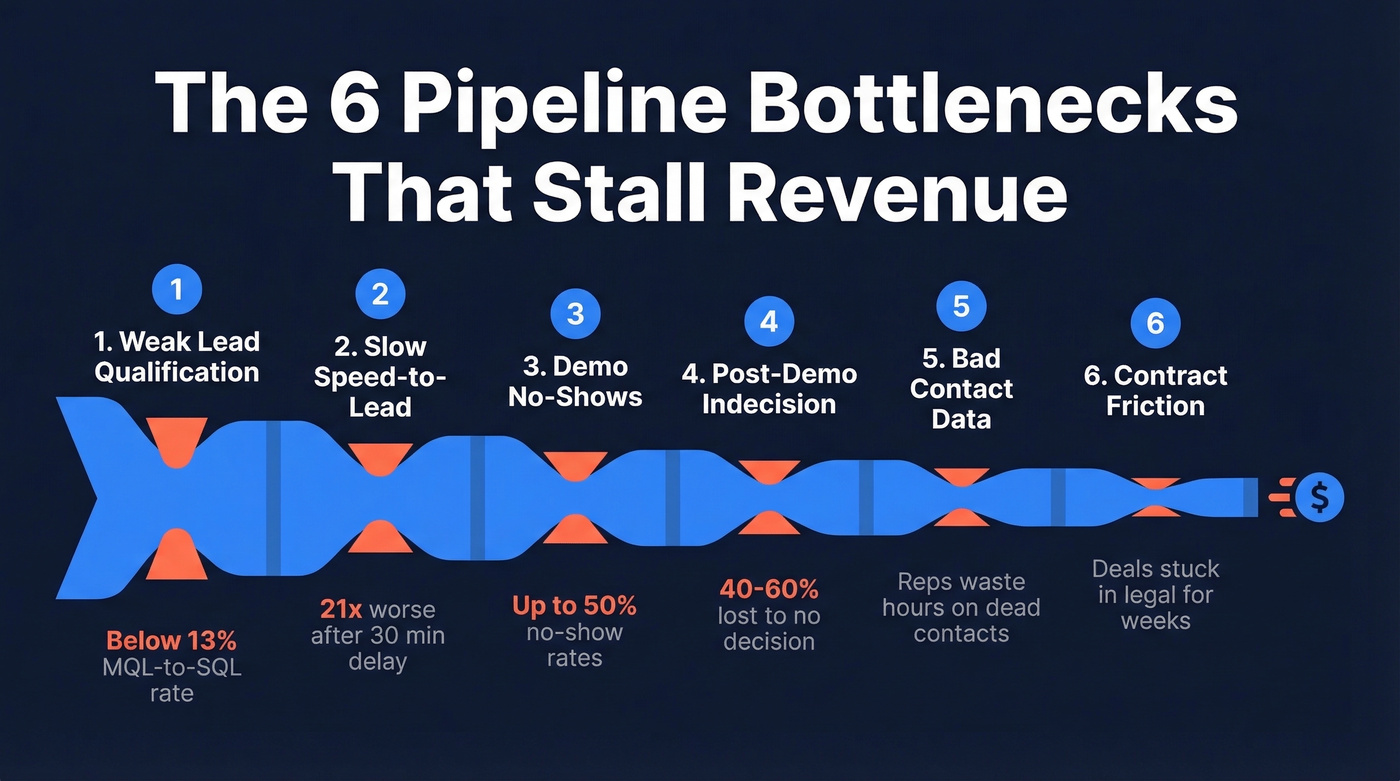 Six sales bottlenecks mapped across the pipeline stages