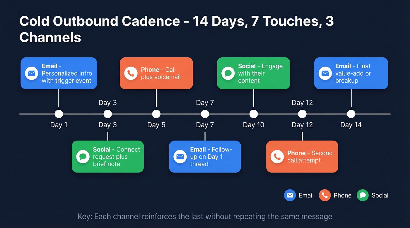 14-day cold outbound multi-channel cadence visual timeline