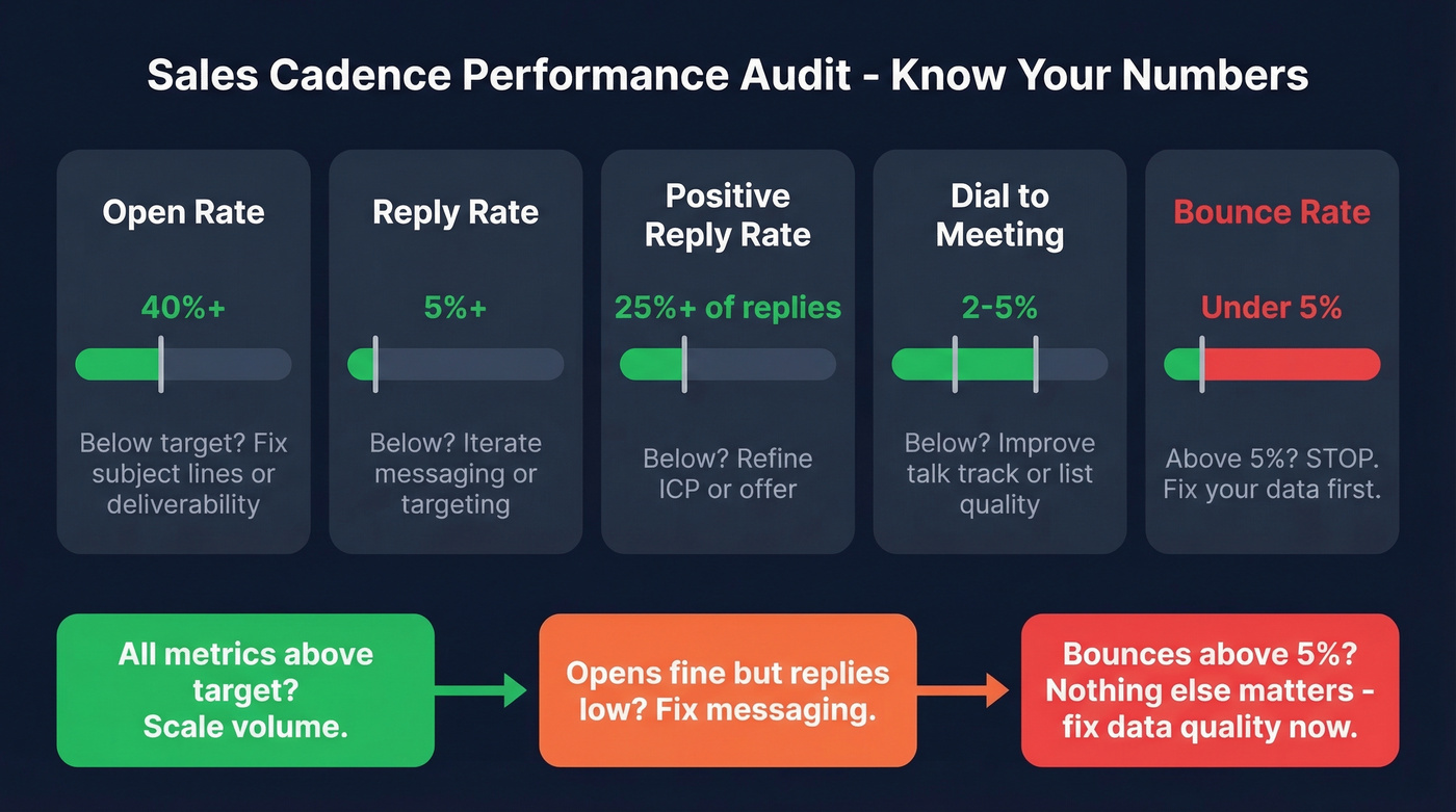 Sales cadence performance audit dashboard with target benchmarks