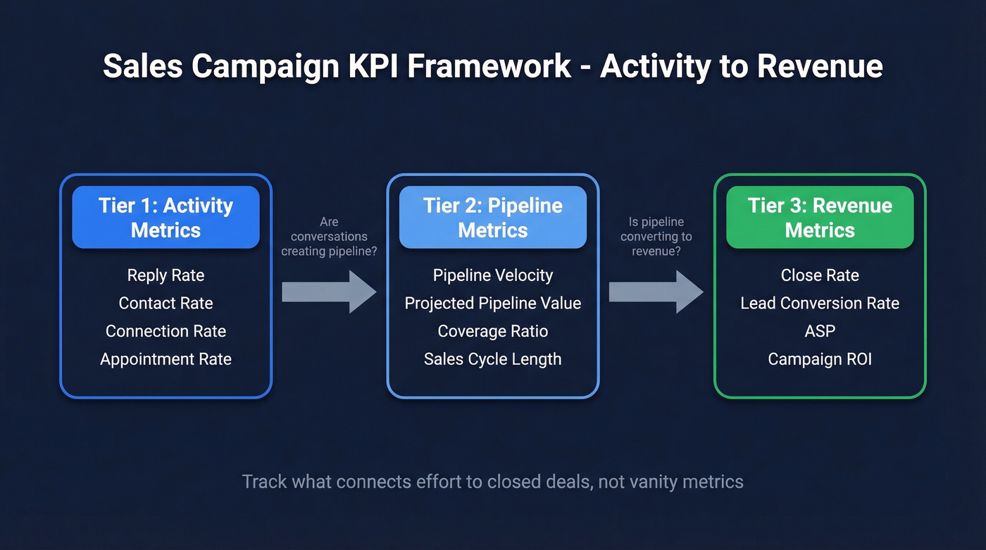 Three-tier KPI framework from activity to revenue