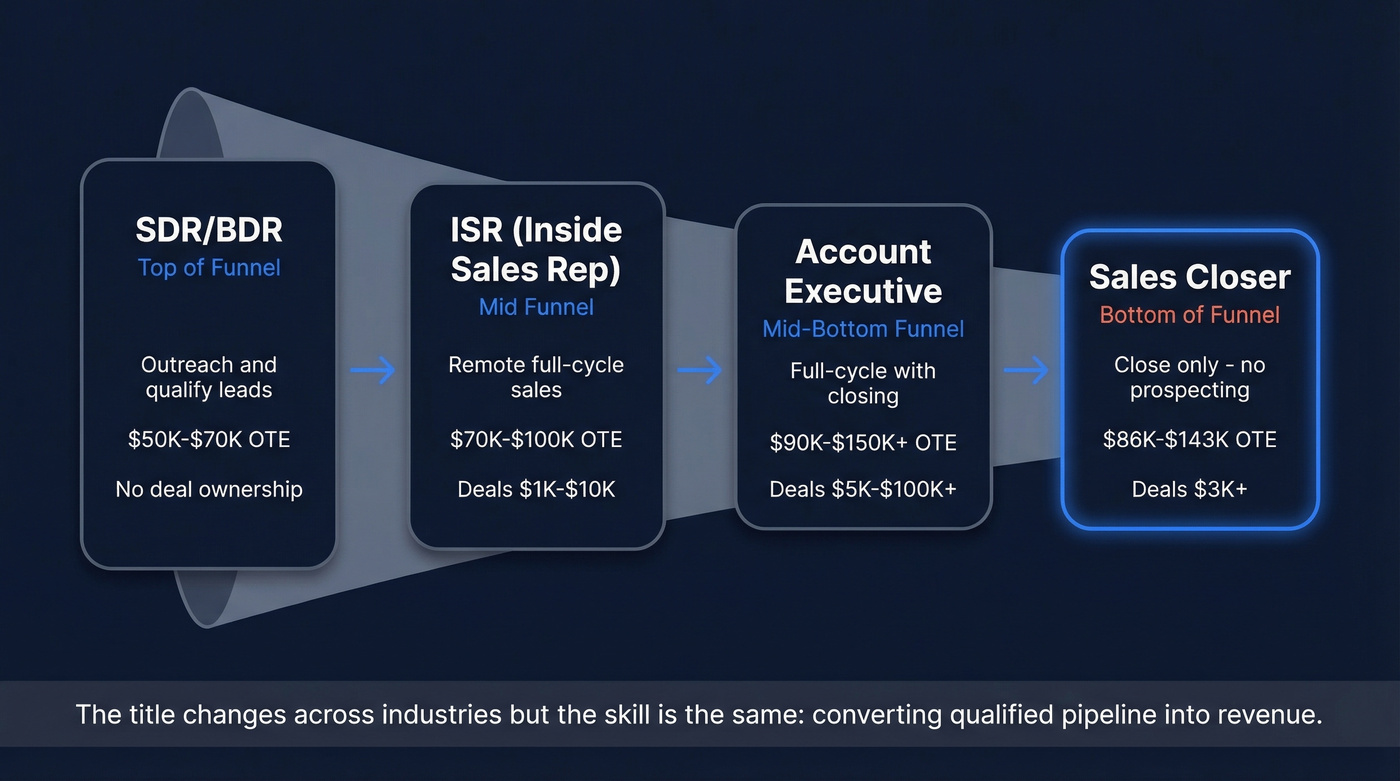 Sales funnel roles comparison from SDR to Closer