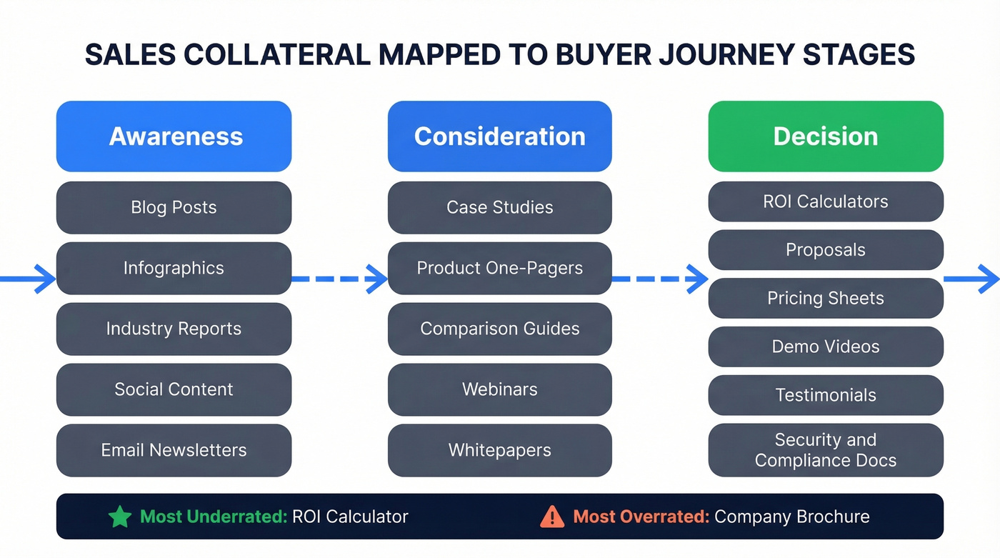 Sales collateral types mapped across buyer journey stages