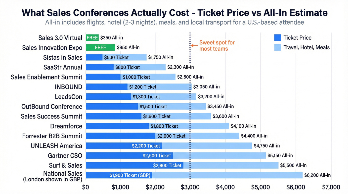Visual comparison of ticket price vs all-in cost for 15 sales conferences