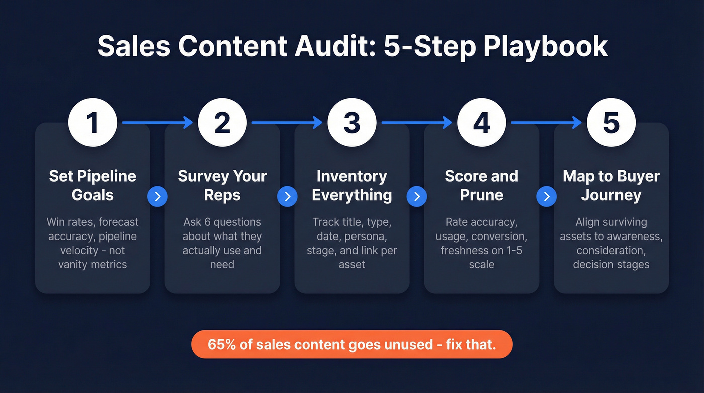 Five-step sales content audit process flow chart