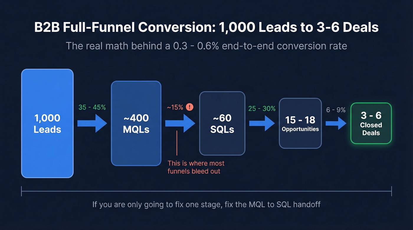 B2B sales funnel visualization showing stage-by-stage conversion and lead volume drop