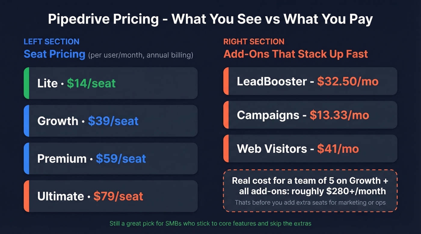 Pipedrive pricing tiers with hidden add-on costs breakdown
