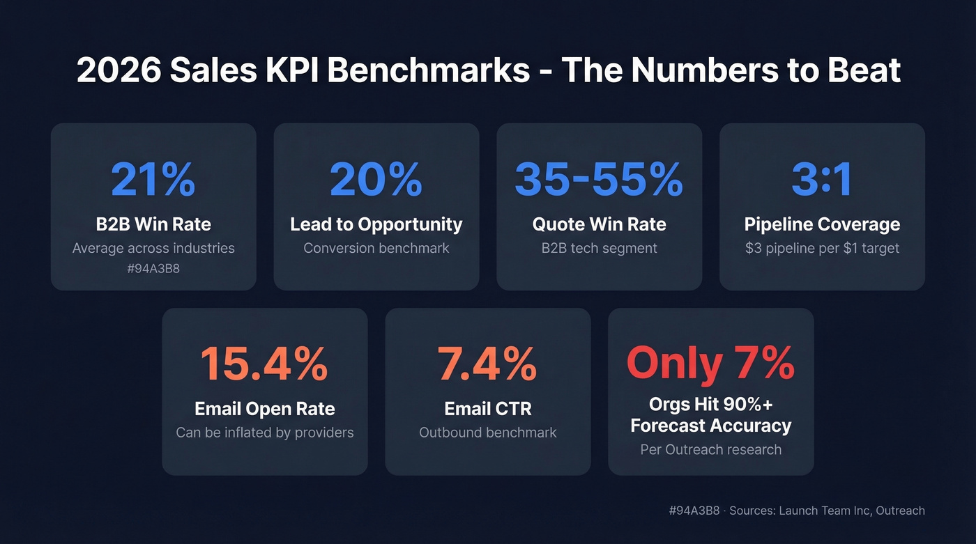 Visual benchmark card showing seven key 2026 sales KPIs