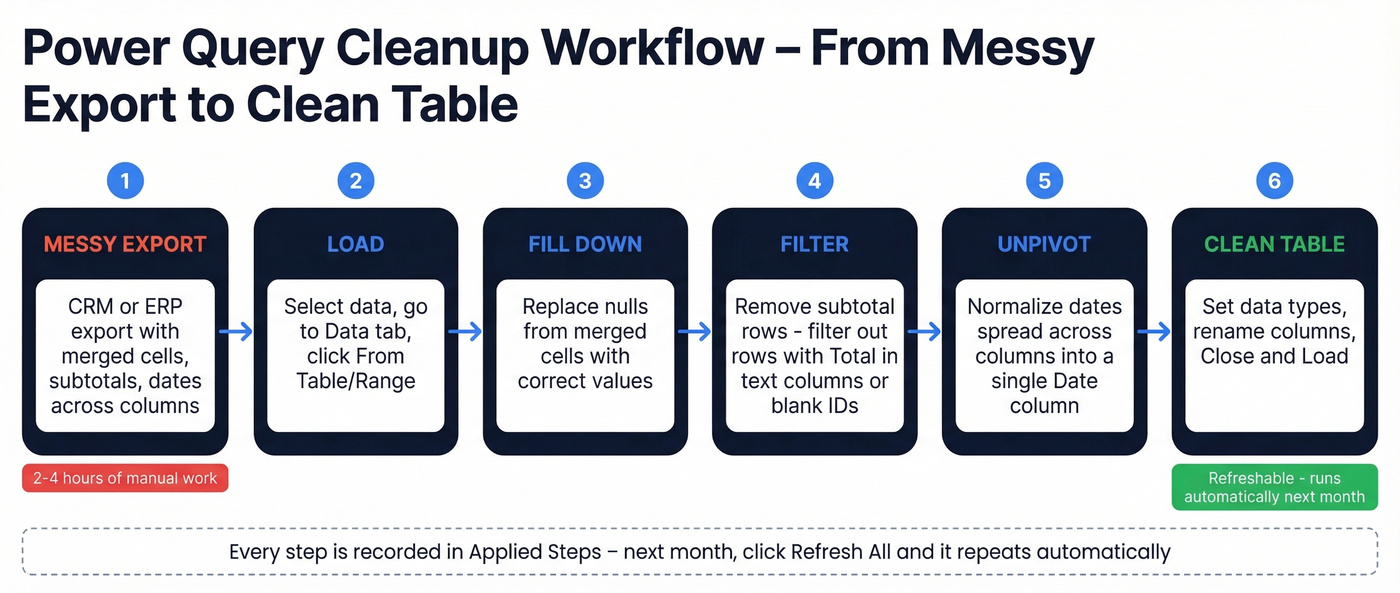 Power Query cleanup workflow from messy export to clean table