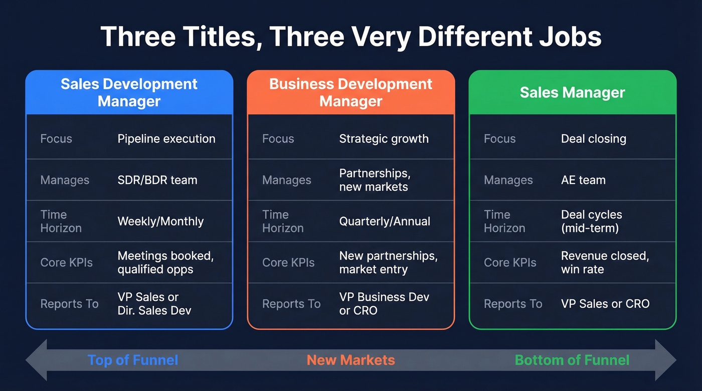 Visual comparison of SDM vs BDM vs Sales Manager roles