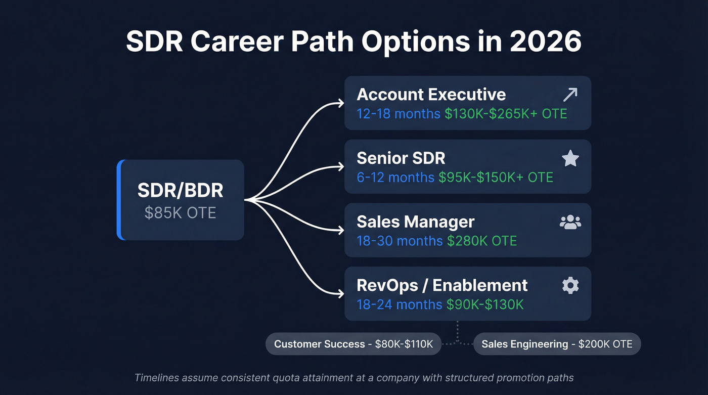 SDR career path branching diagram with timelines and salaries