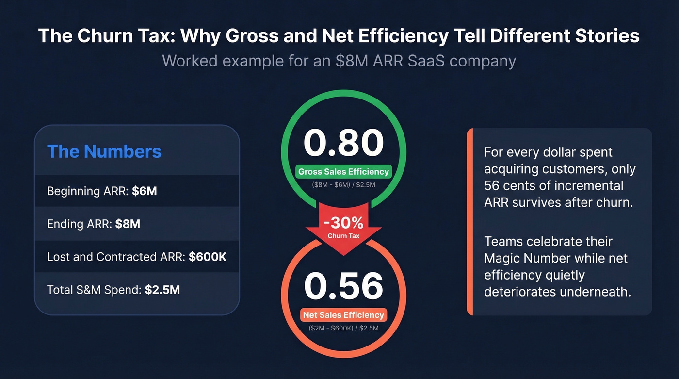 Visual breakdown of gross vs net efficiency churn tax gap