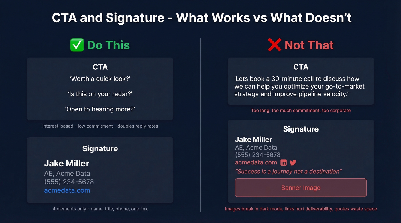 Good vs bad CTA and signature examples side by side