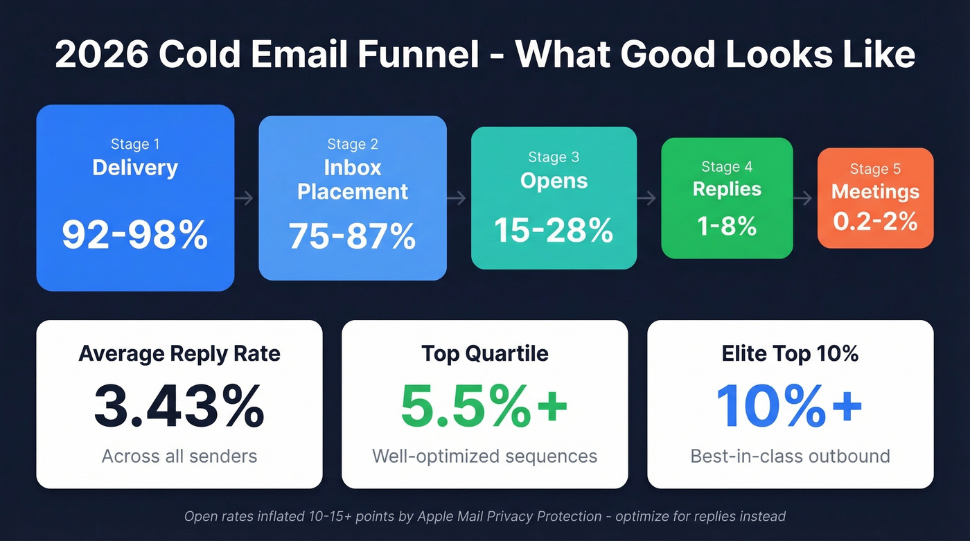 2026 cold email benchmark funnel from delivery to meetings
