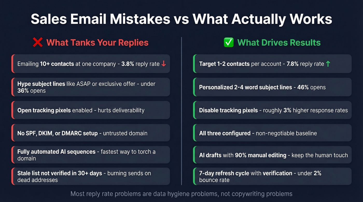 Common sales email mistakes versus best practices side by side