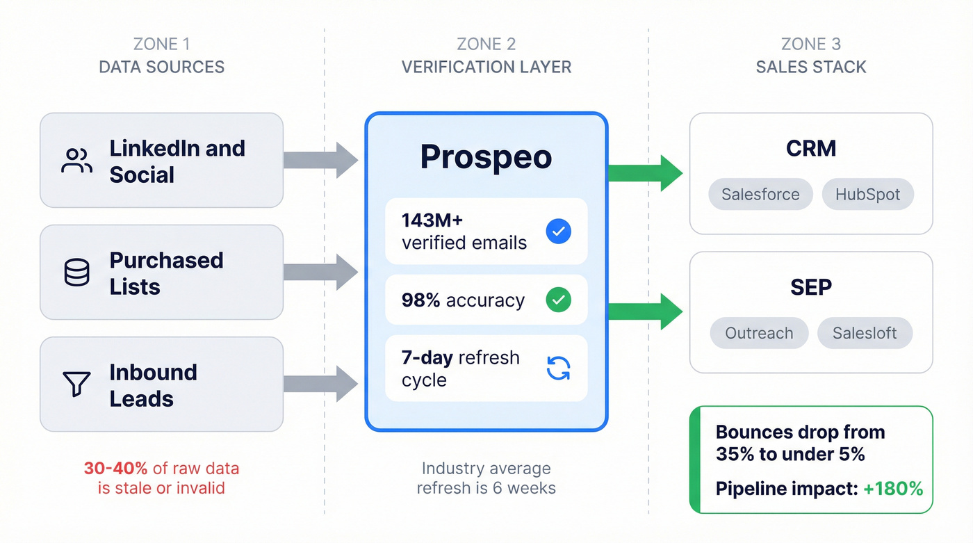 Data verification layer architecture between sources and sales stack