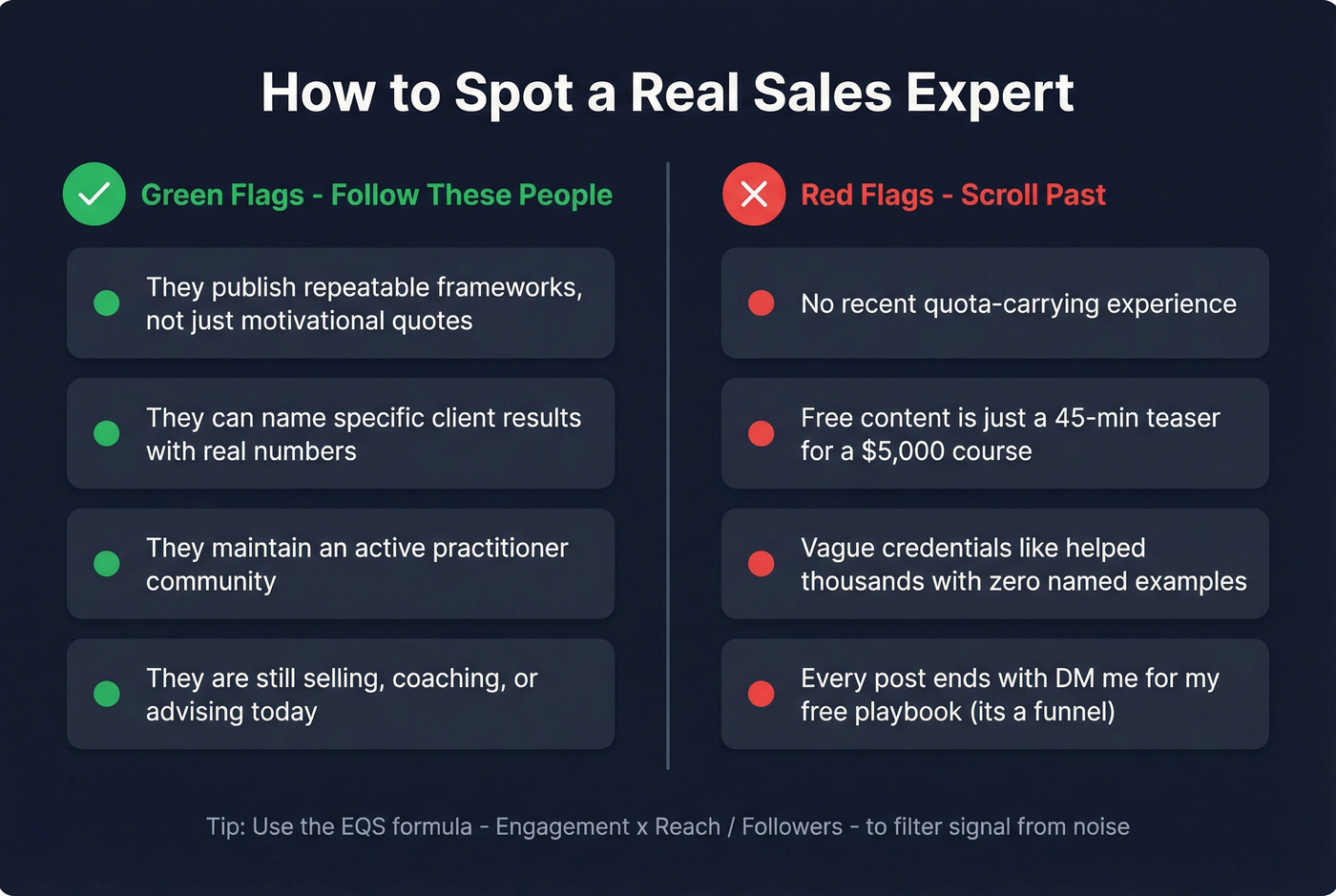 Green flags vs red flags for evaluating sales experts