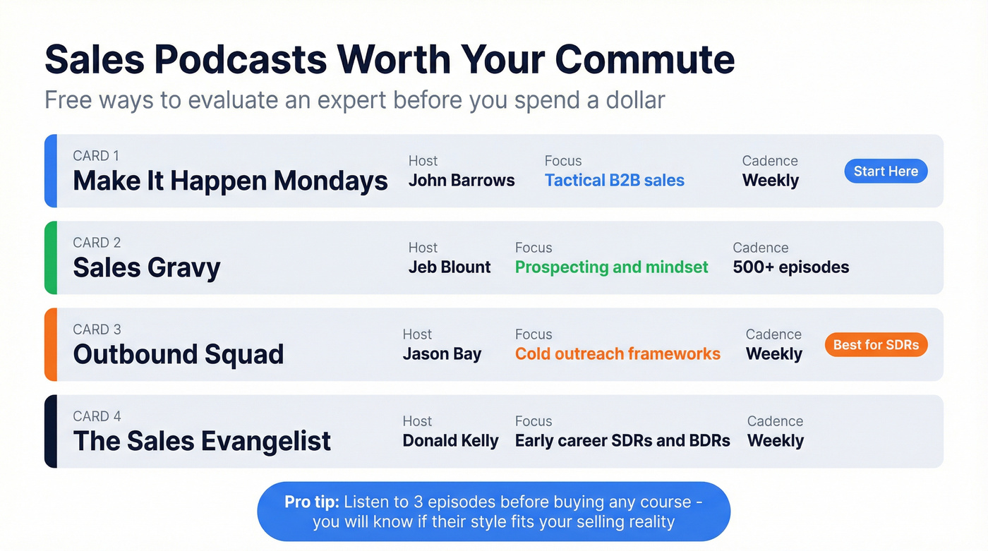 Sales podcasts comparison with hosts and best use cases