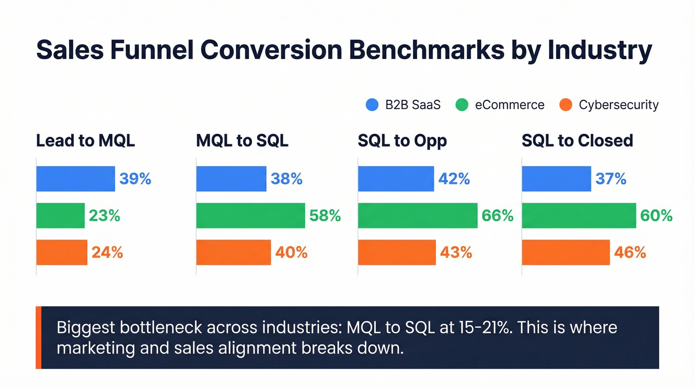 Stage-by-stage funnel conversion benchmarks across industries