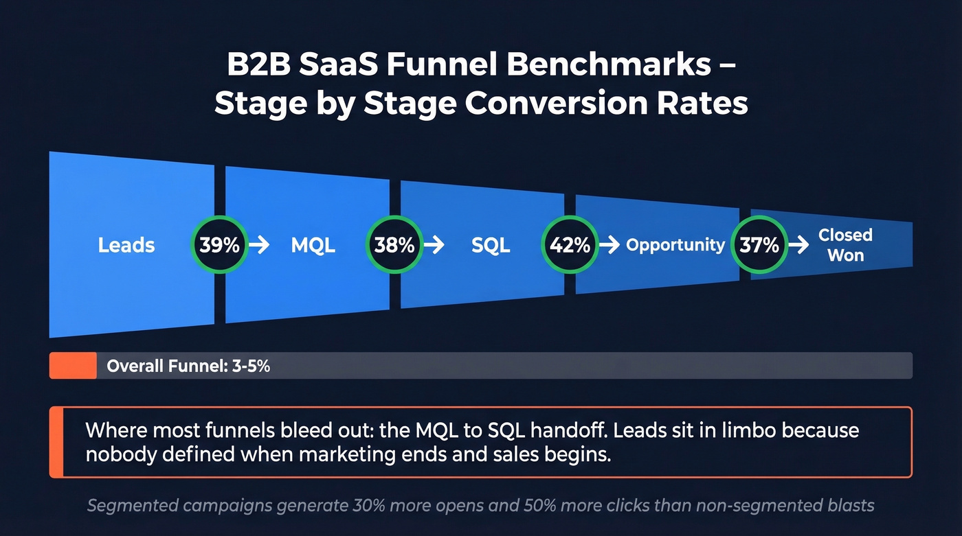 B2B SaaS funnel conversion benchmarks by stage