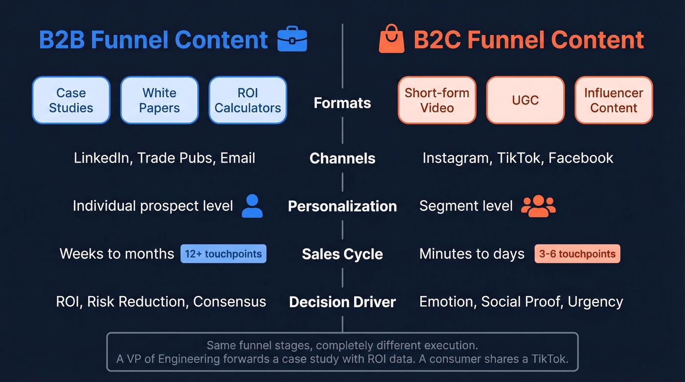 Side-by-side B2B versus B2C funnel content comparison