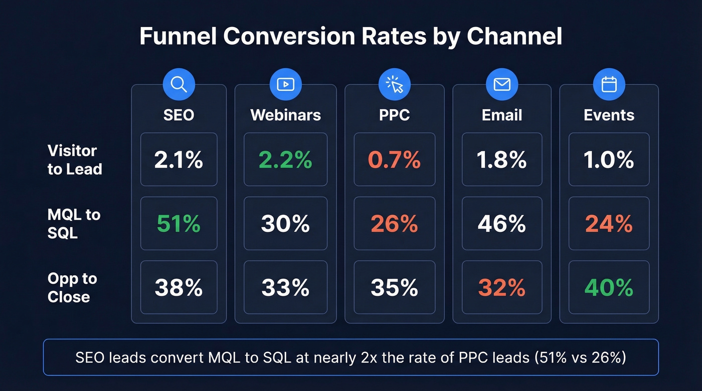Channel comparison showing conversion rates for SEO, PPC, events, email, webinars