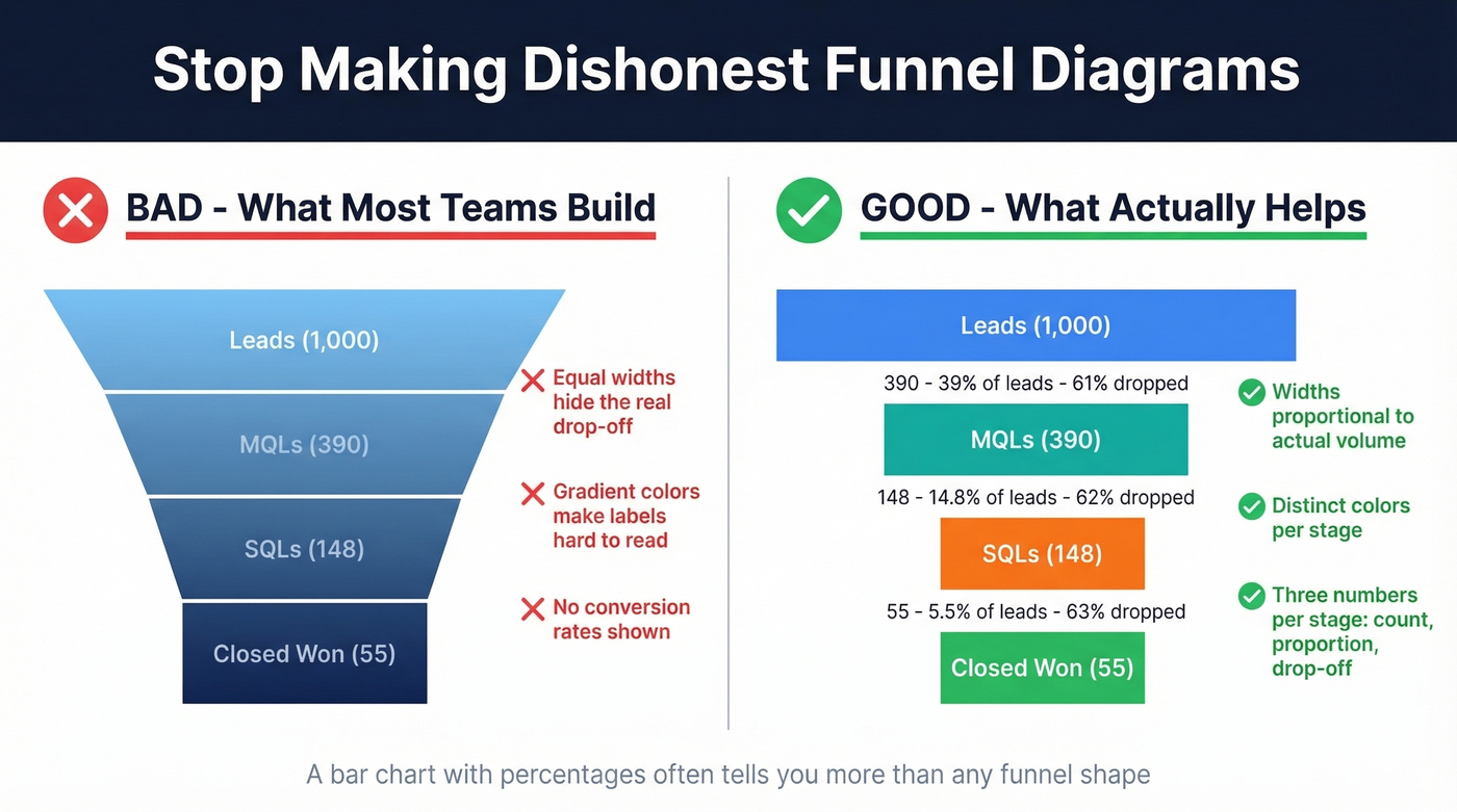 Honest versus misleading funnel diagram design comparison